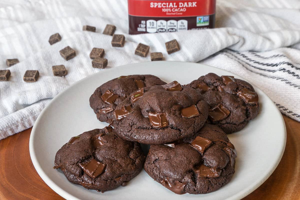 Dark chocolate cookies on a plate.