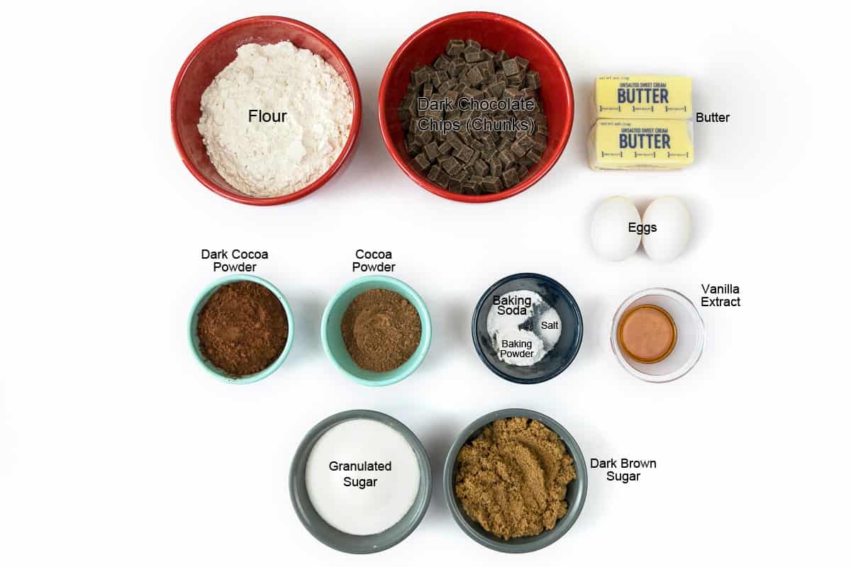Ingredients for dark chocolate cookies.