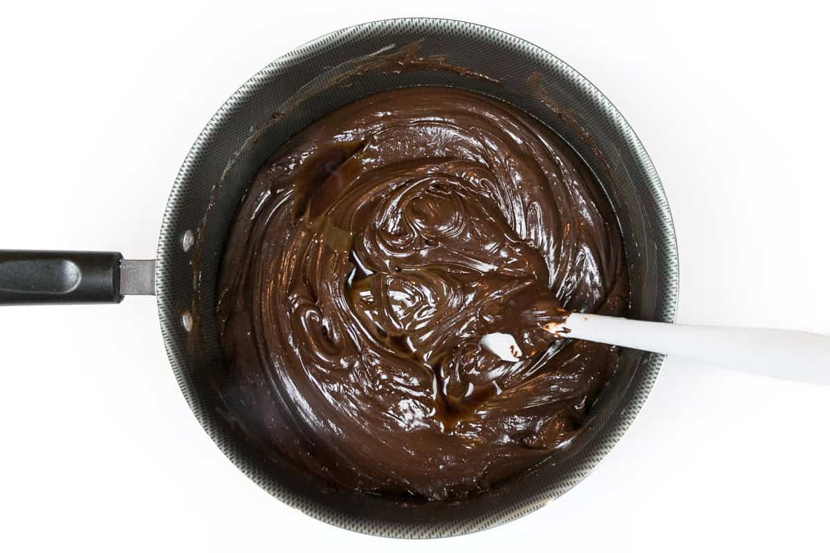 Dark chocolate fudge in a saucepan.