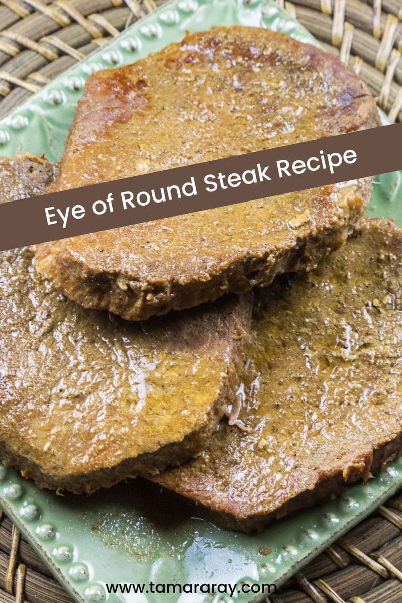 Close up photo of eye of round steak on a plate.