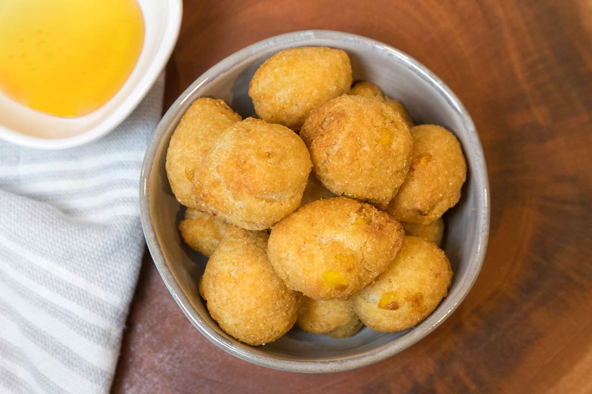 Air-fried hush puppies in a bowl.