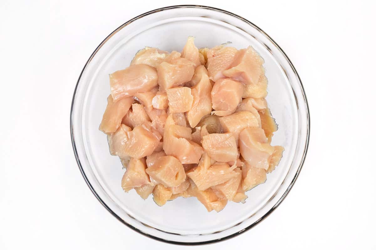 Cut the chicken into one-inch bite-size cubes.