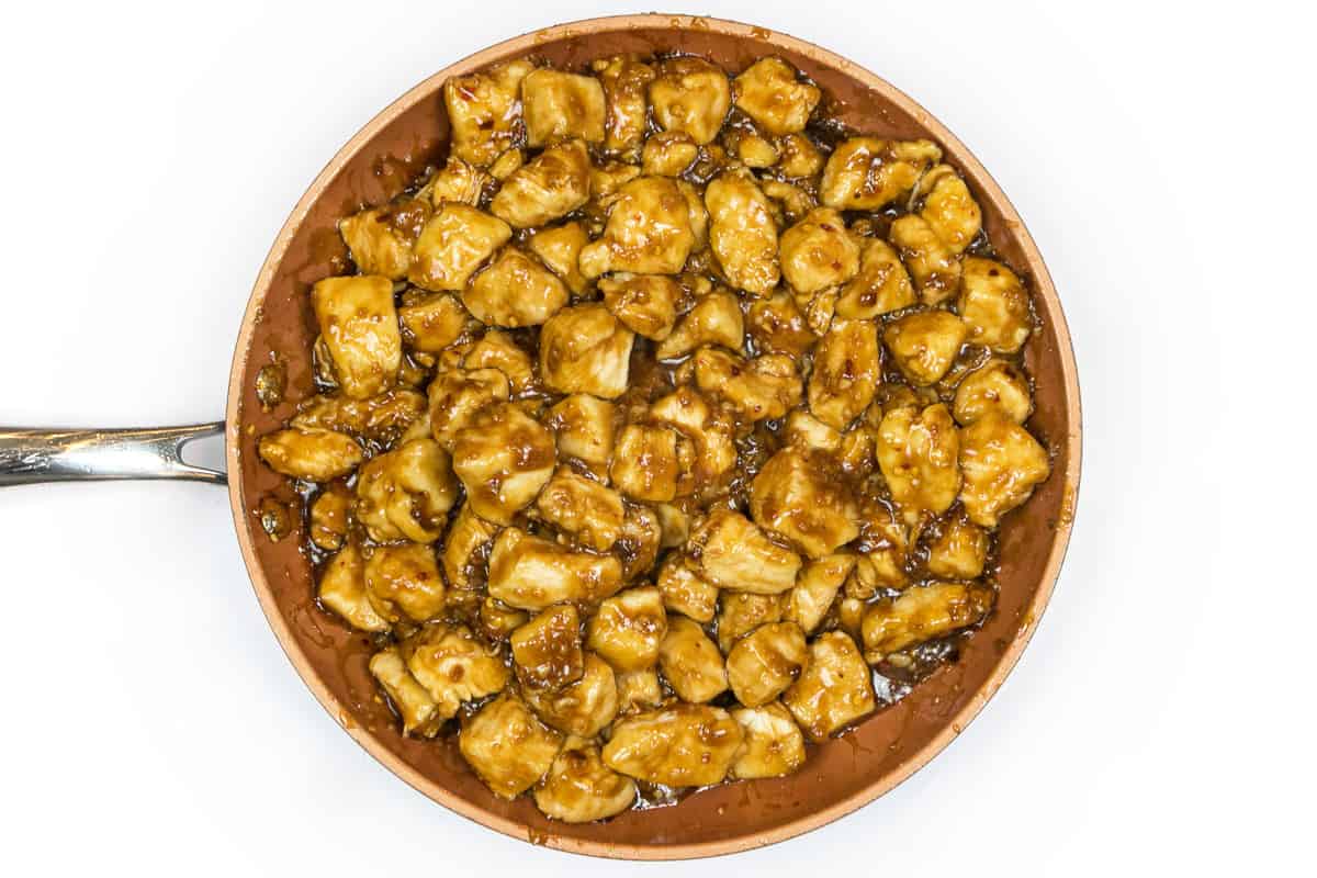 General Tso's chicken recipe in the frying pan.