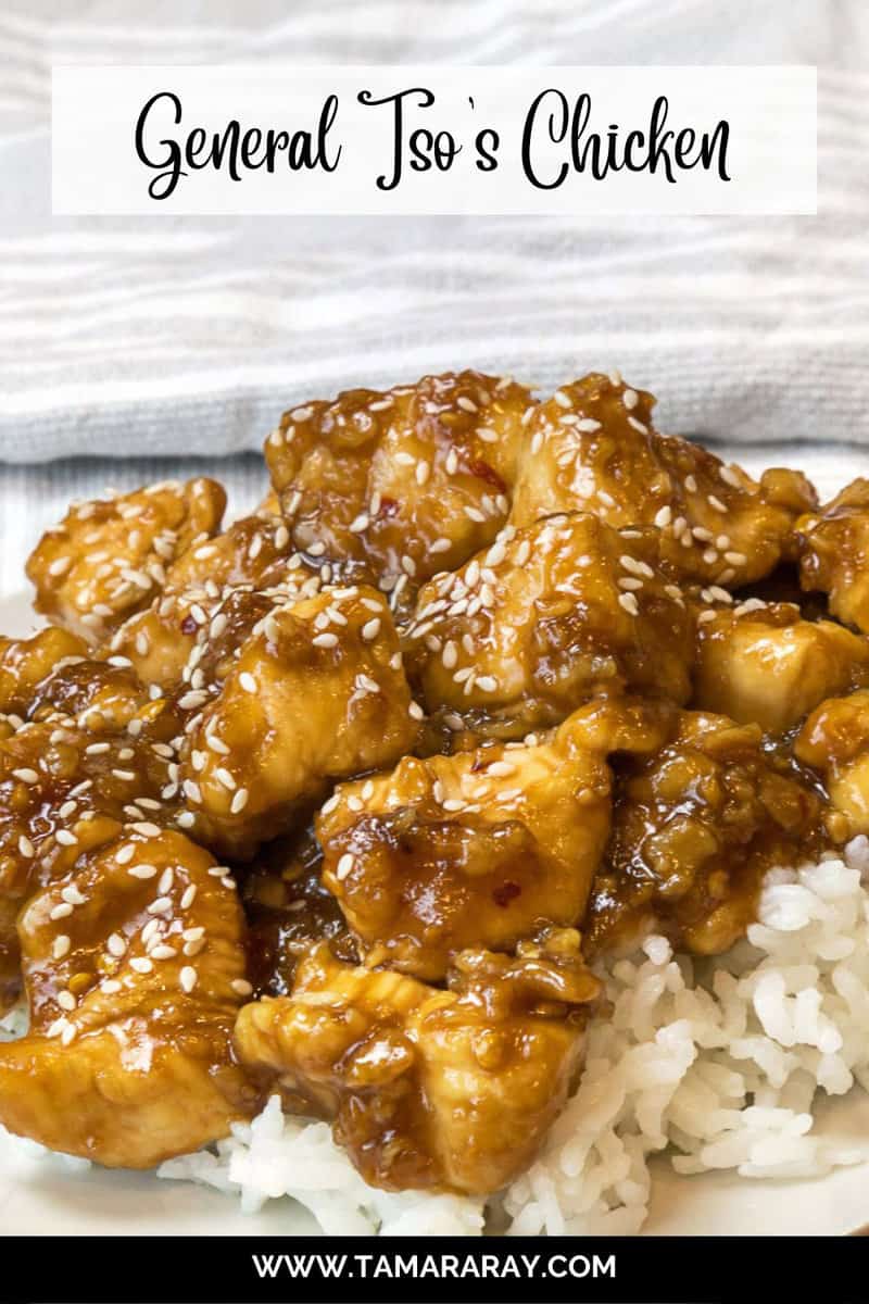 Up close photo of General Tso's chicken recipe on a plate.