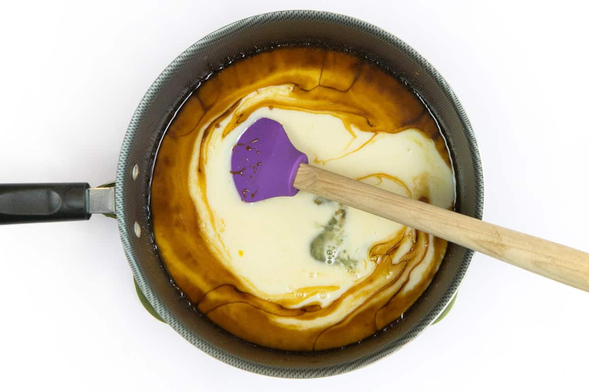 The egg and milk mixture is added to the molasses mixture.