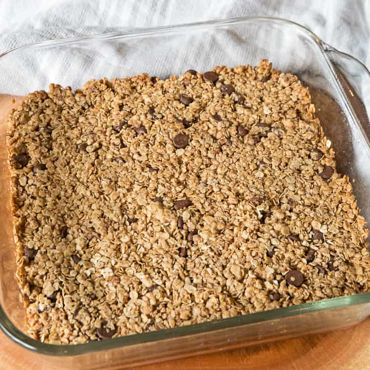 Granola bars baked in the oven at three-hundred and fifty degrees for twenty-five minutes.