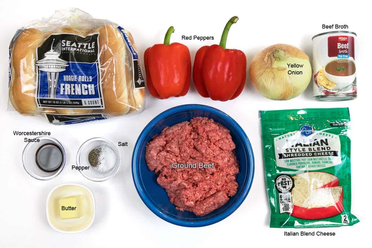 Ingredients for ground beef Philly cheesesteak sandwich.