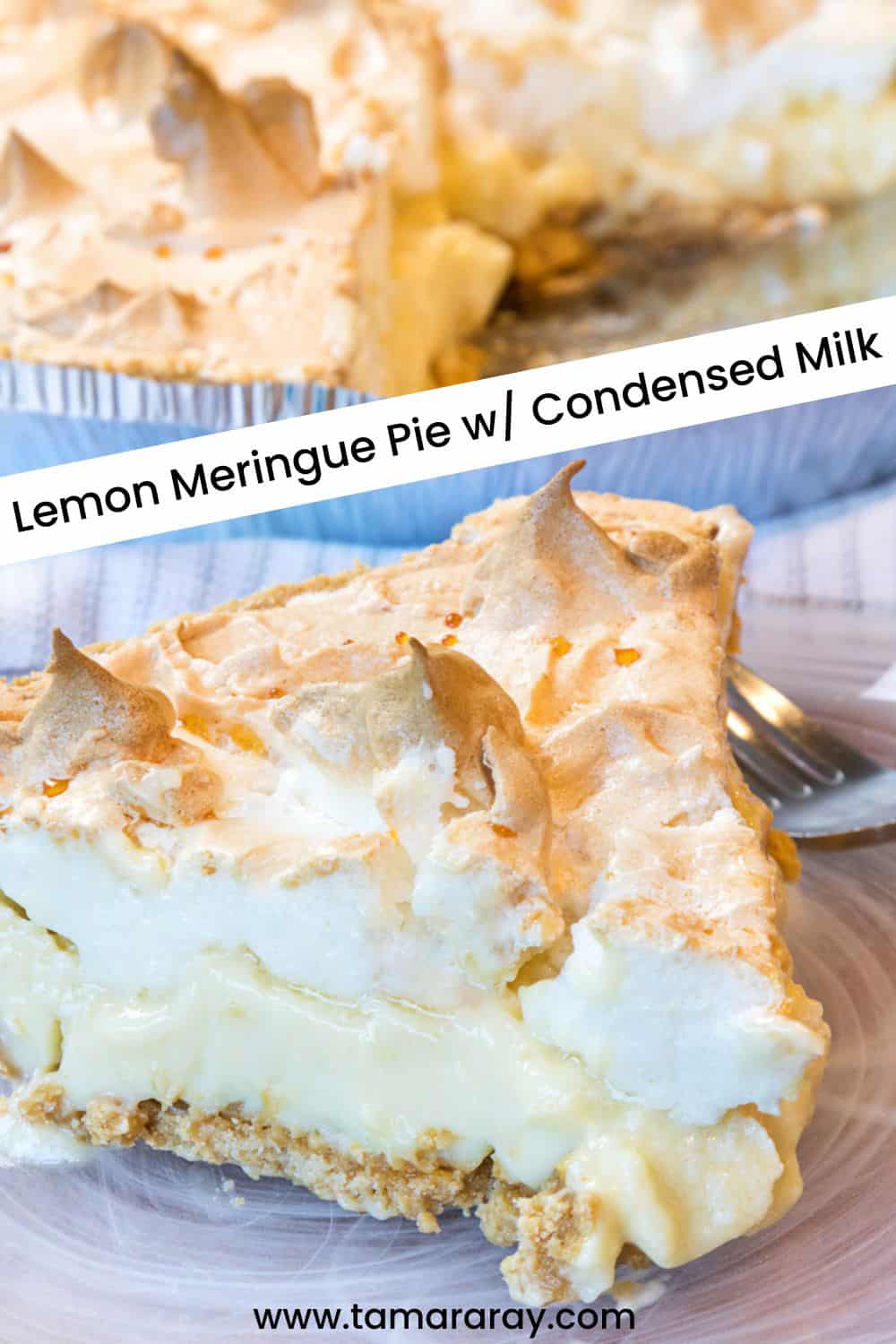 A close-up shot of a slice of lemon meringue pie with condensed milk on a plate.