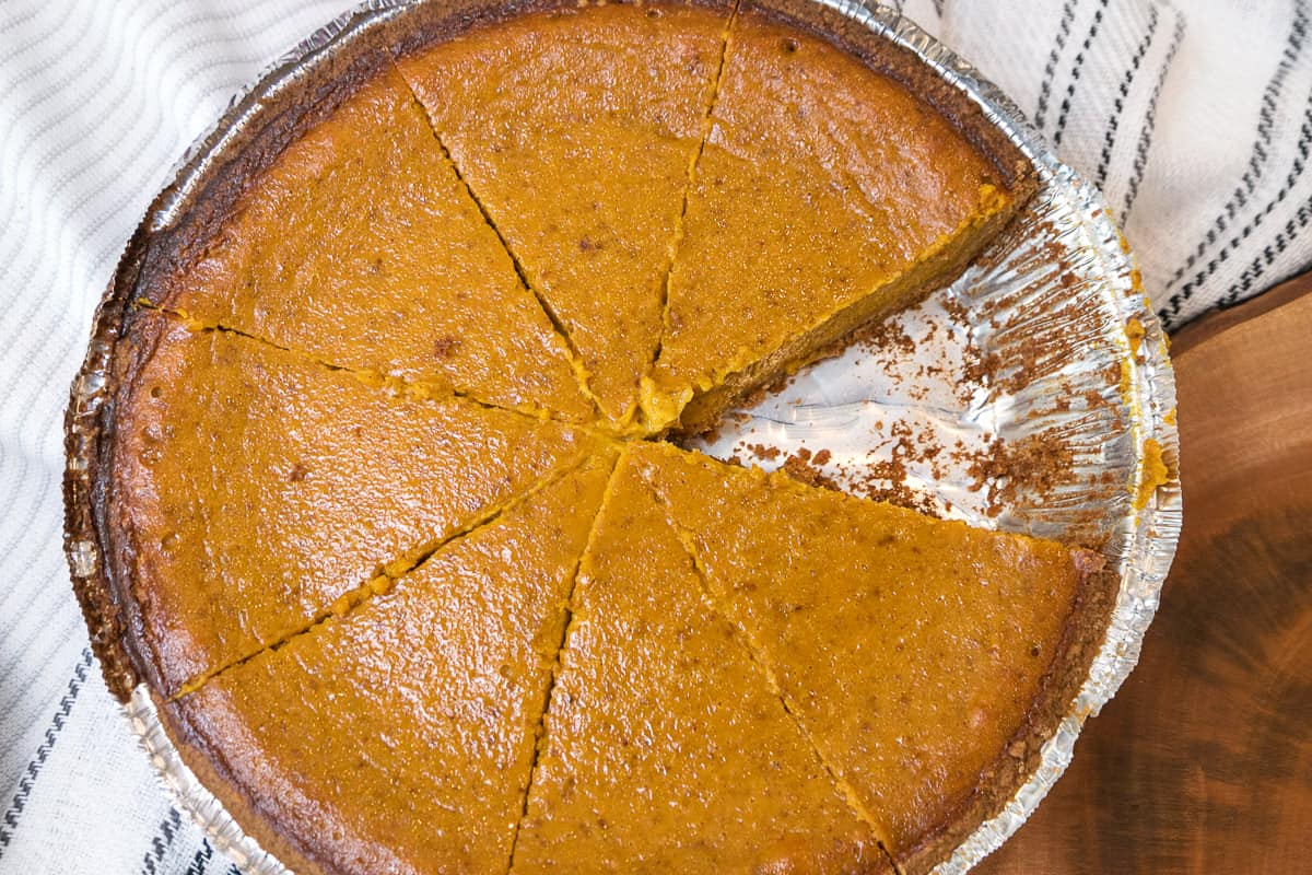 Libby's pumpkin pie cut in slices.