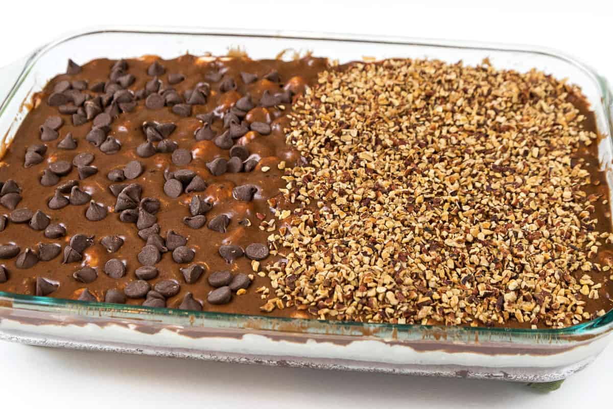 Mississippi mud cake in a baking dish.