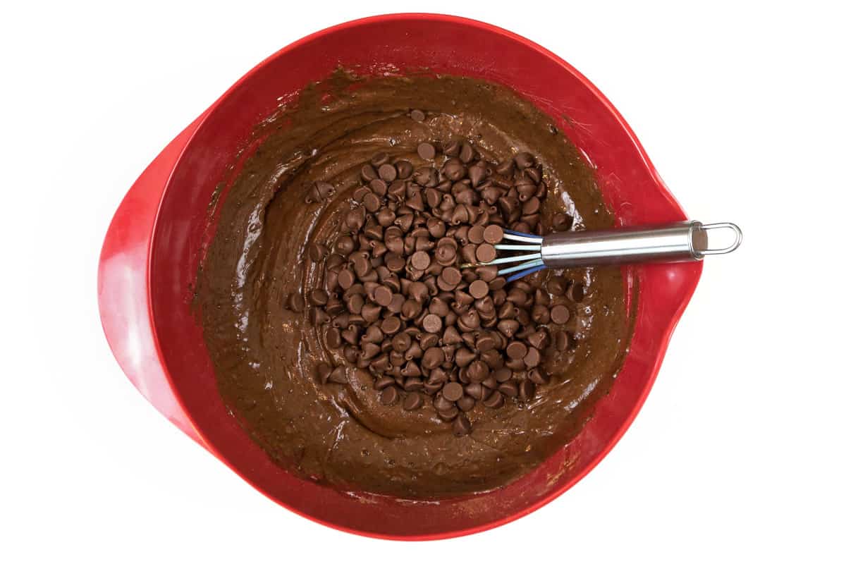 Add one cup of milk chocolate chips to the chocolate cake batter.