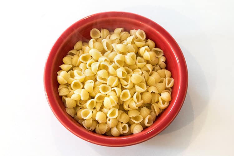 Cooked pasta noodles in a bowl.