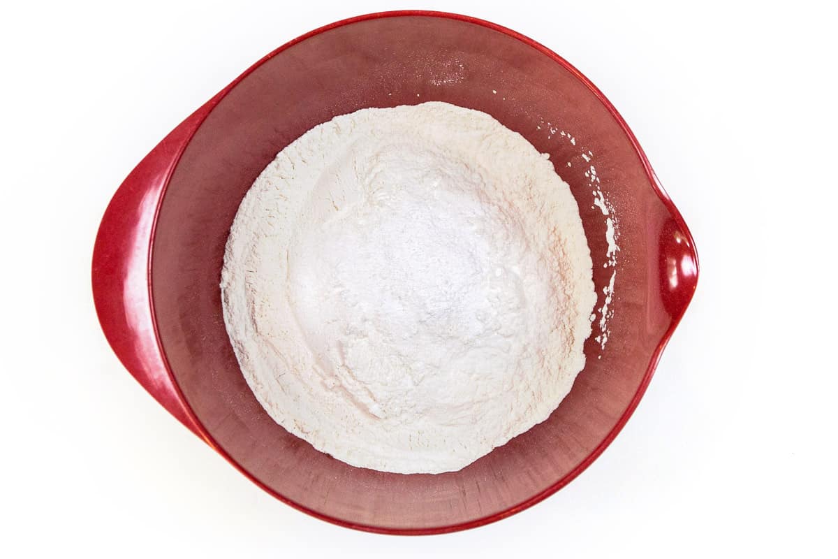 Mix the flour, salt, baking powder, and baking soda.