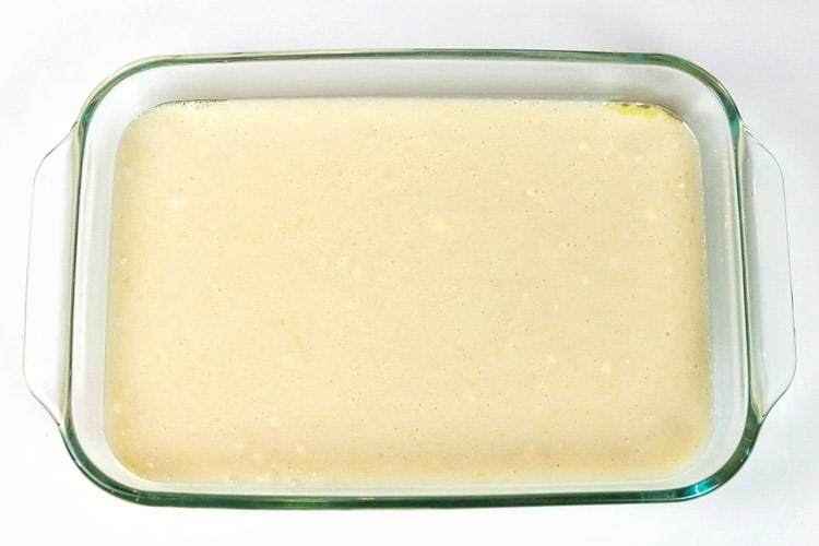 The Bisquick mixture is poured into a baking dish.