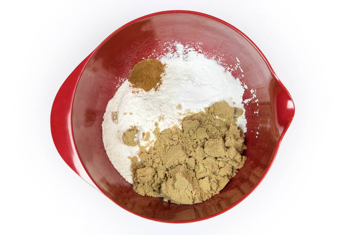 Flour, baking powder, light brown sugar, and table salt in a bowl.
