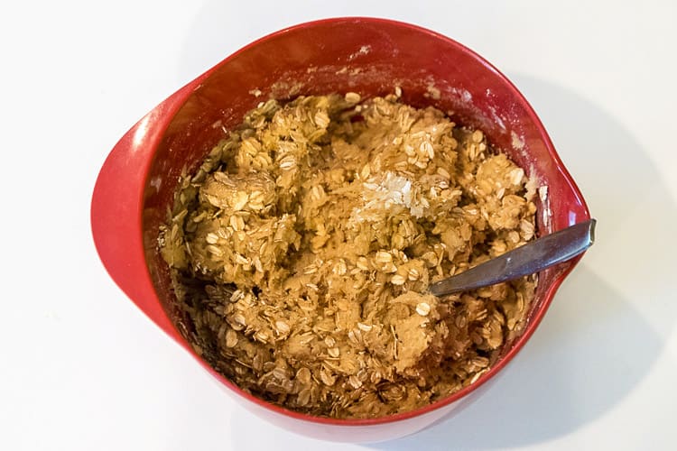 Oatmeal added to the sugar, eggs, brown sugar, butter, vanilla, baking soda, salt, and flour in a bowl.