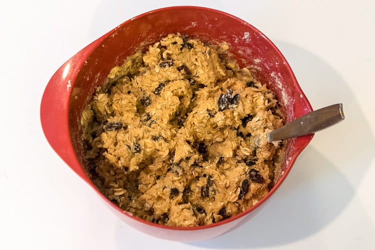 Raisins added to the oatmeal, sugar, eggs, brown sugar, butter, vanilla, baking soda, salt, and flour in a bowl.