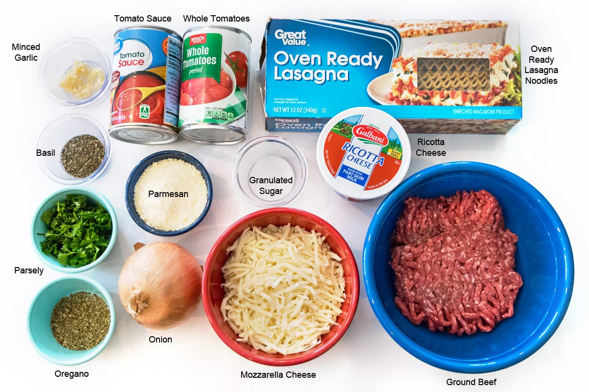 Ingredients for homemade ricotta cheese lasagna.