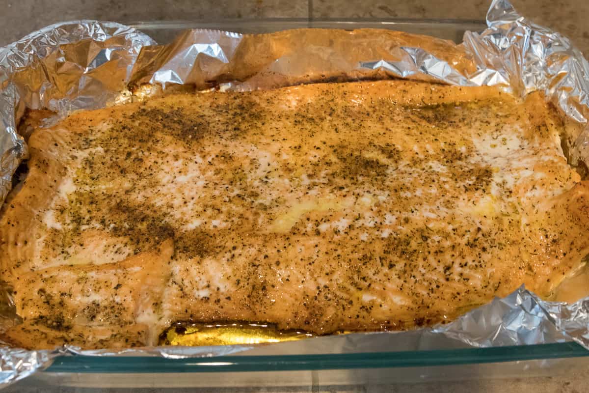 Bake the salmon at three hundred and fifty degrees Fahrenheit for forth-five minutes.