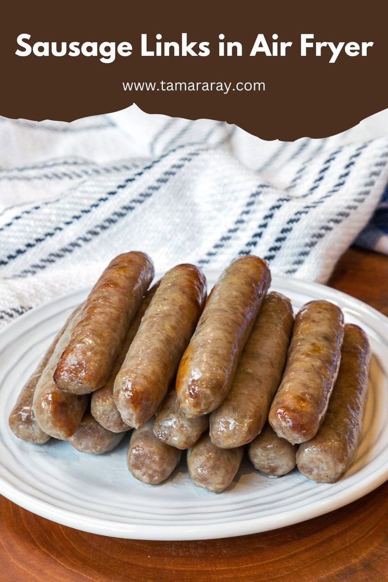 Link sausages on a plate after being cooked in the air fryer.