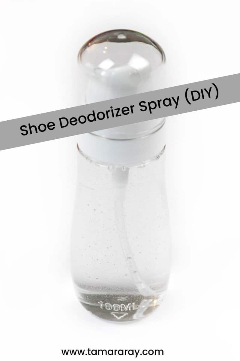 A one-hundred milliliter bottle filled with DIY shoe deodorizer spray.