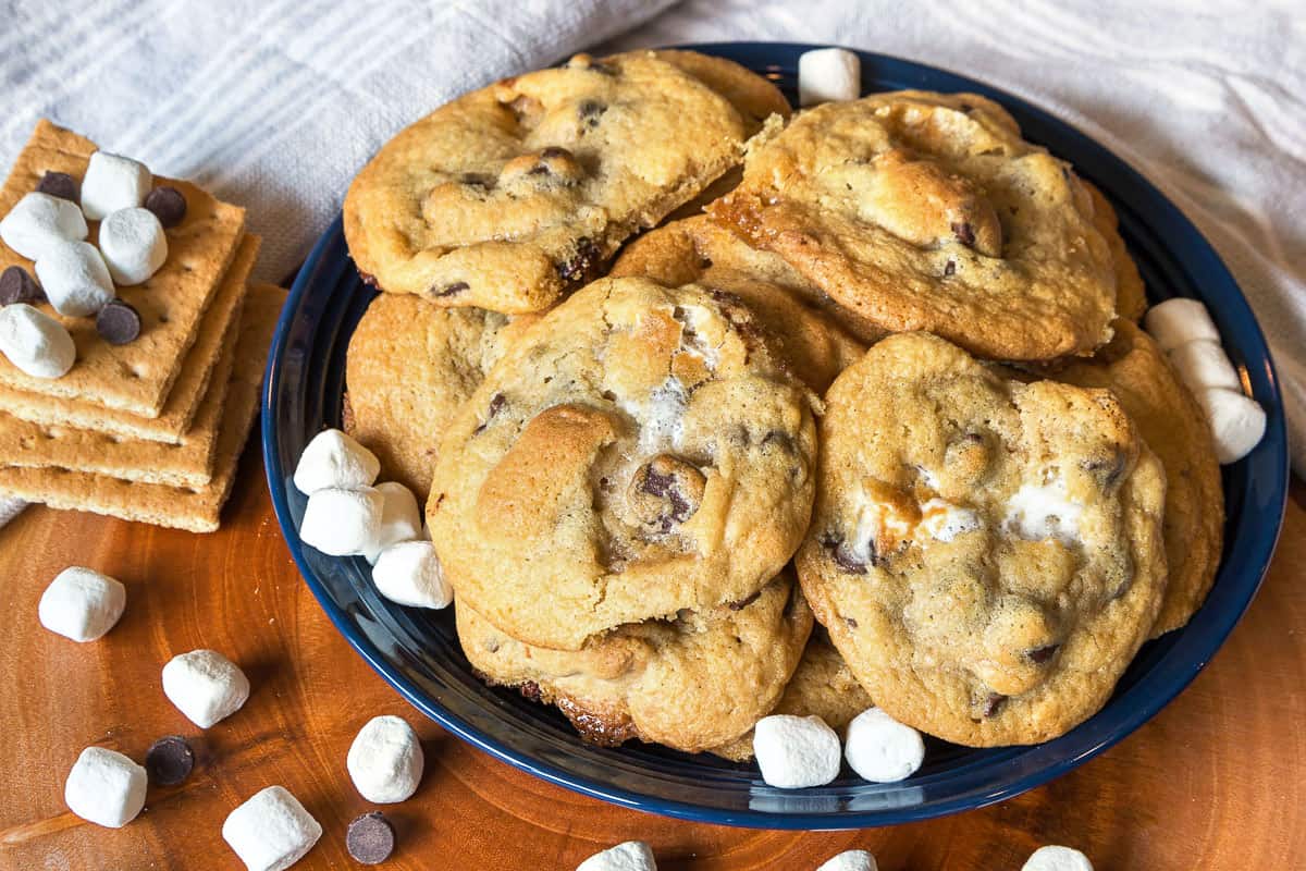 S'mores cookies with chocolate chips on a plate.