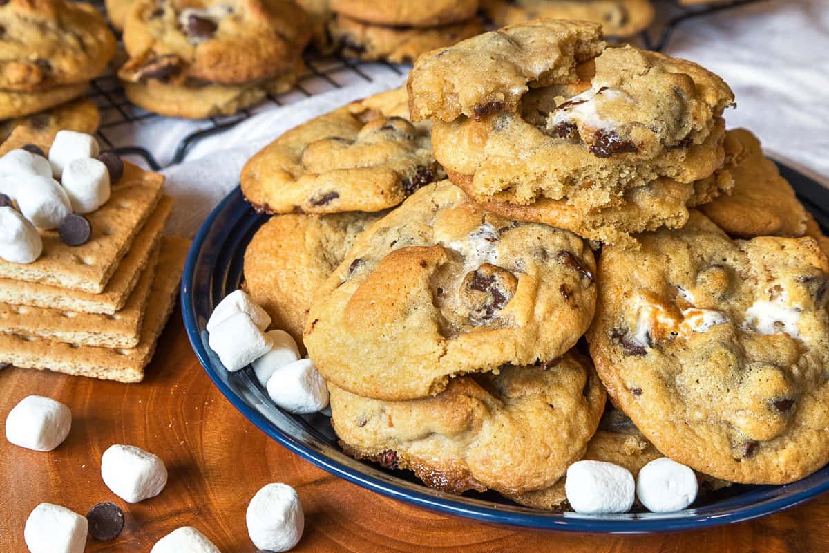 Chocolate chip s'mores cookies on a plate.