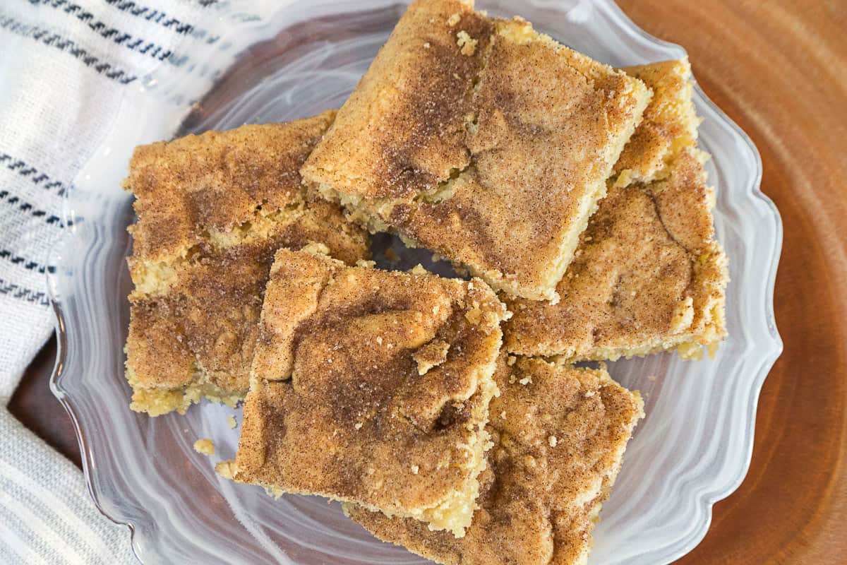 Snickerdoodle bars on a plate.