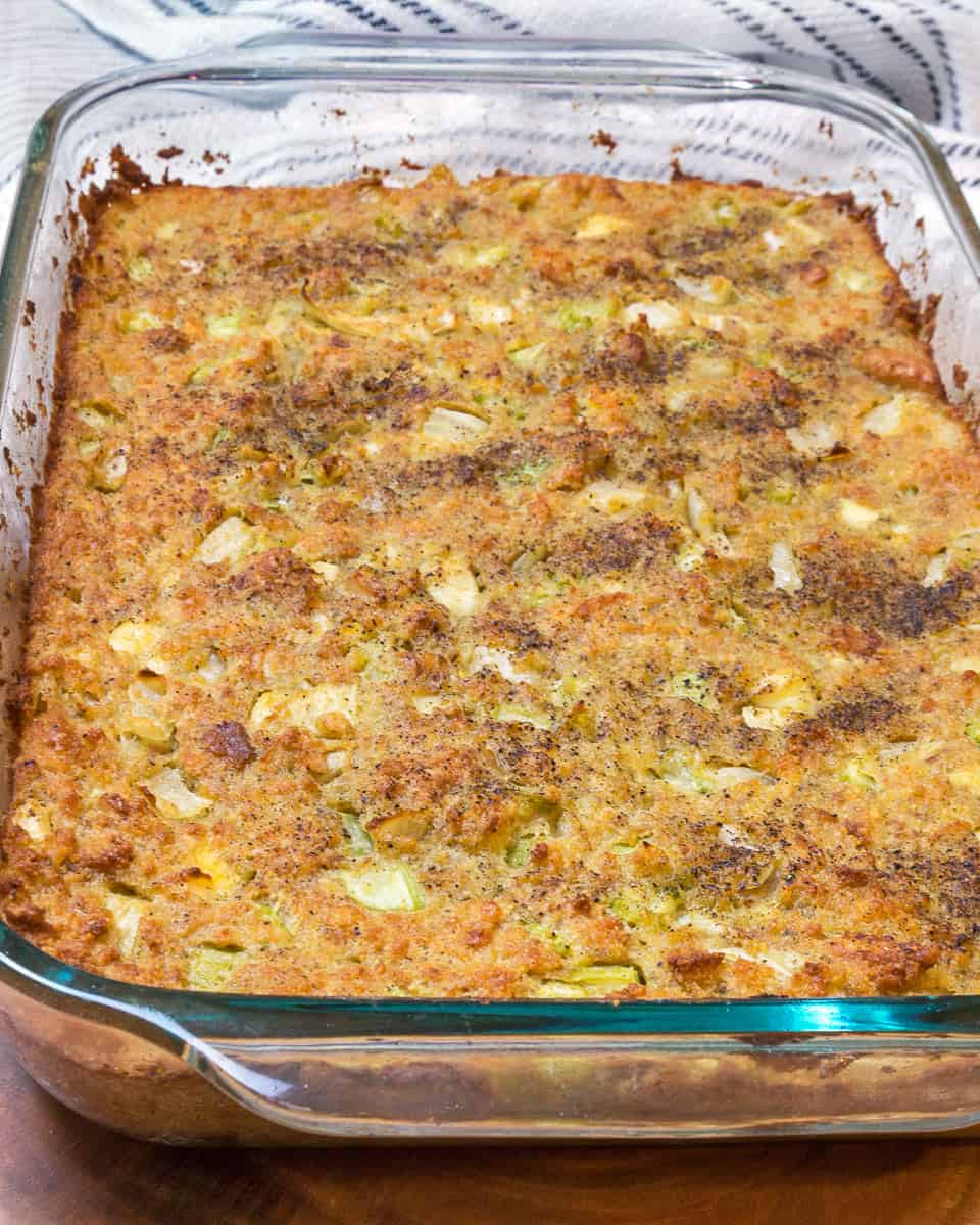 Cornbread dressing baked in the oven.