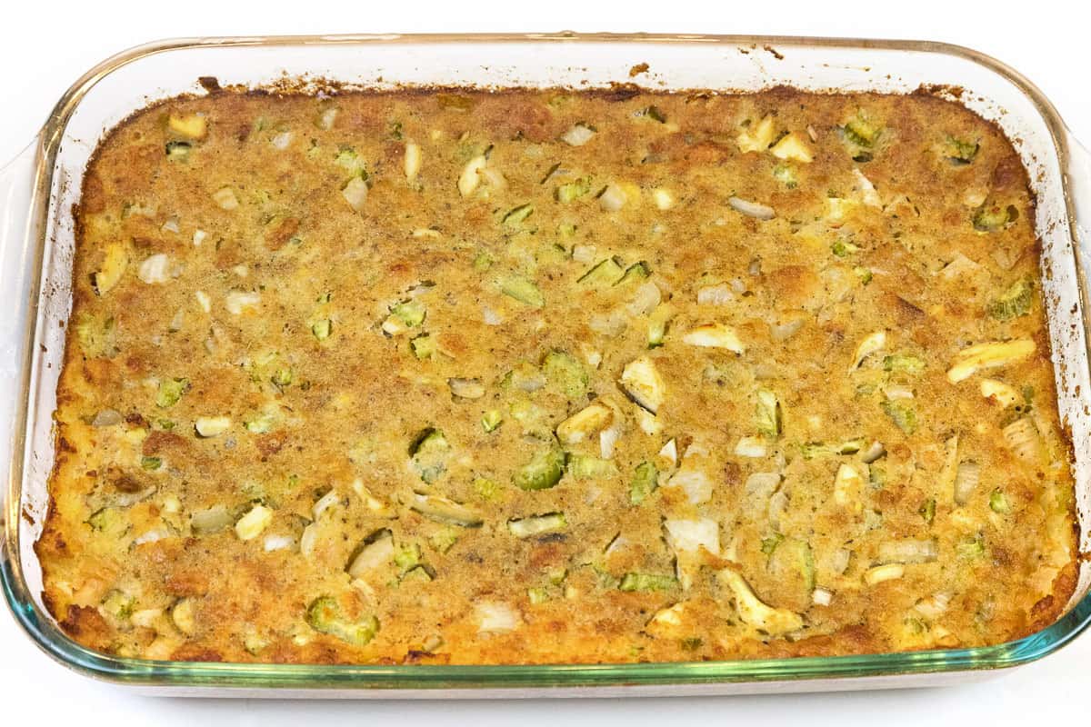 Cornbread dressing baked in the oven.