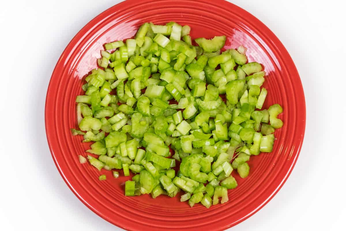 Chopped celery on a plate.