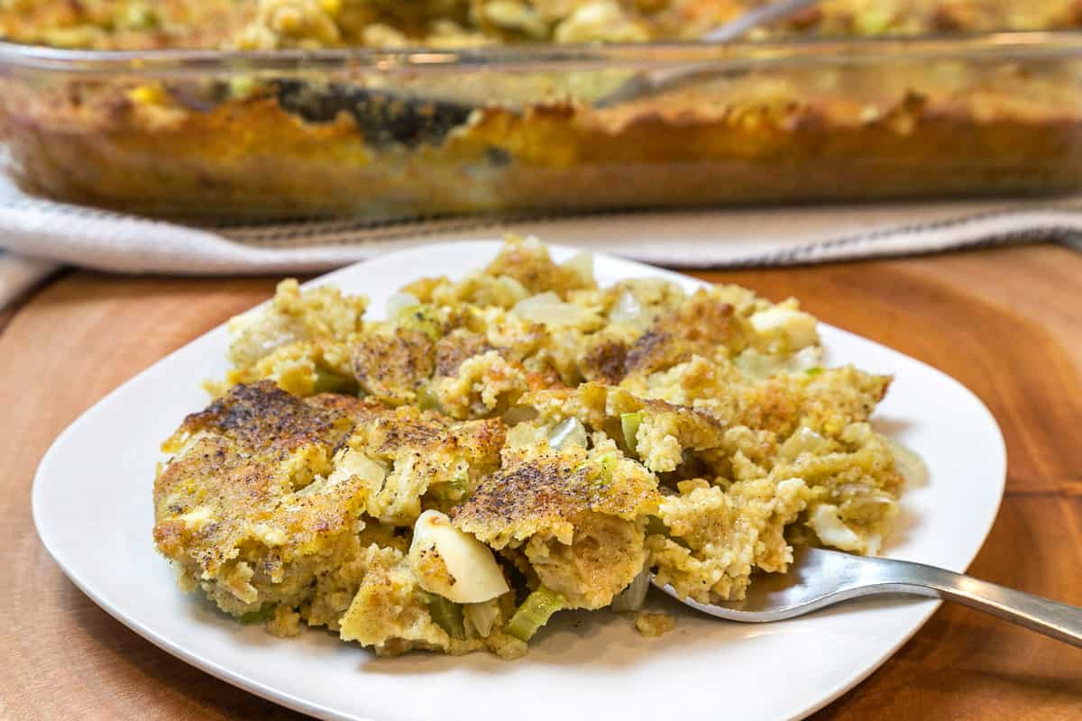 Southern cornbread dressing on a plate.