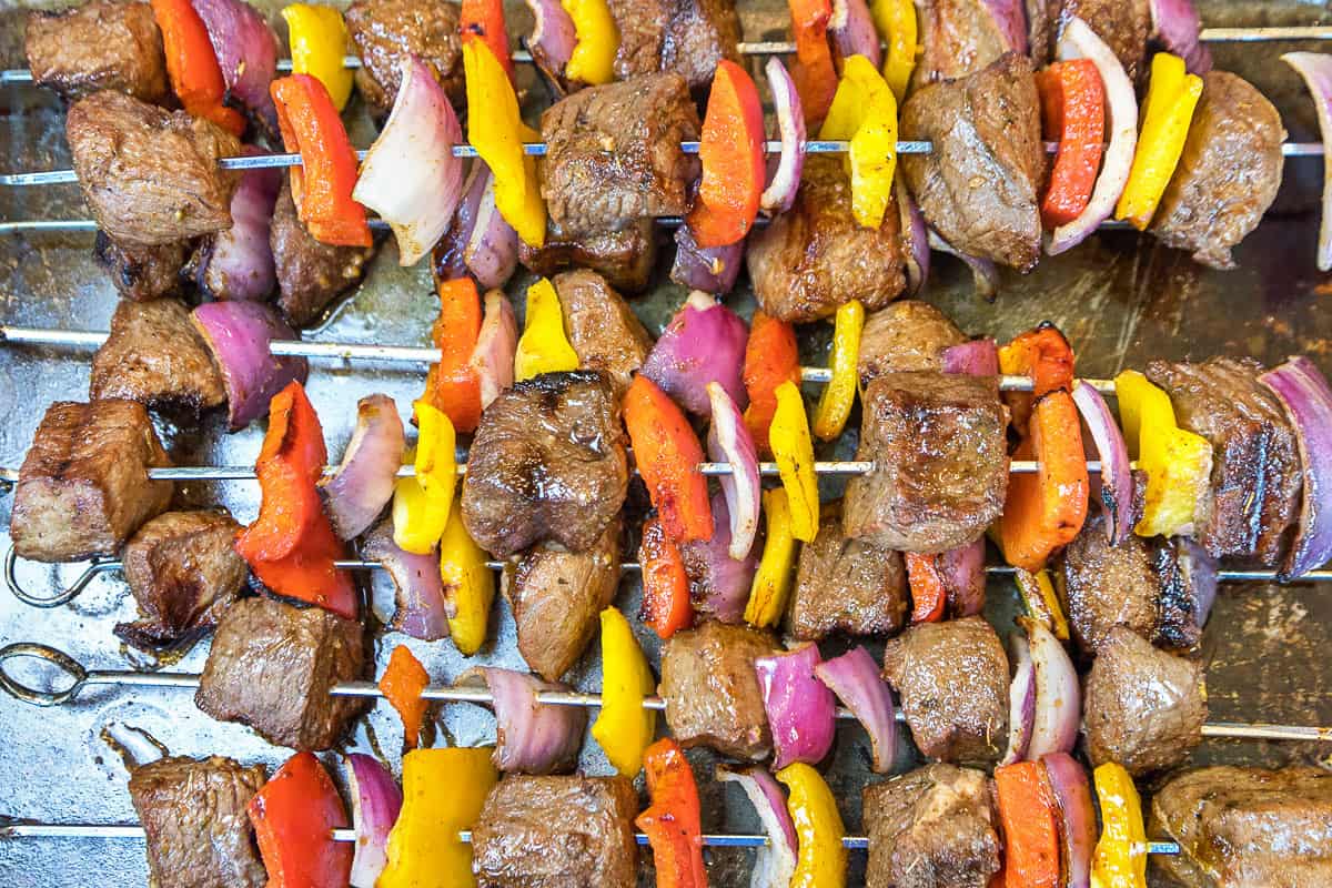 The steak kabobs are done grilling.
