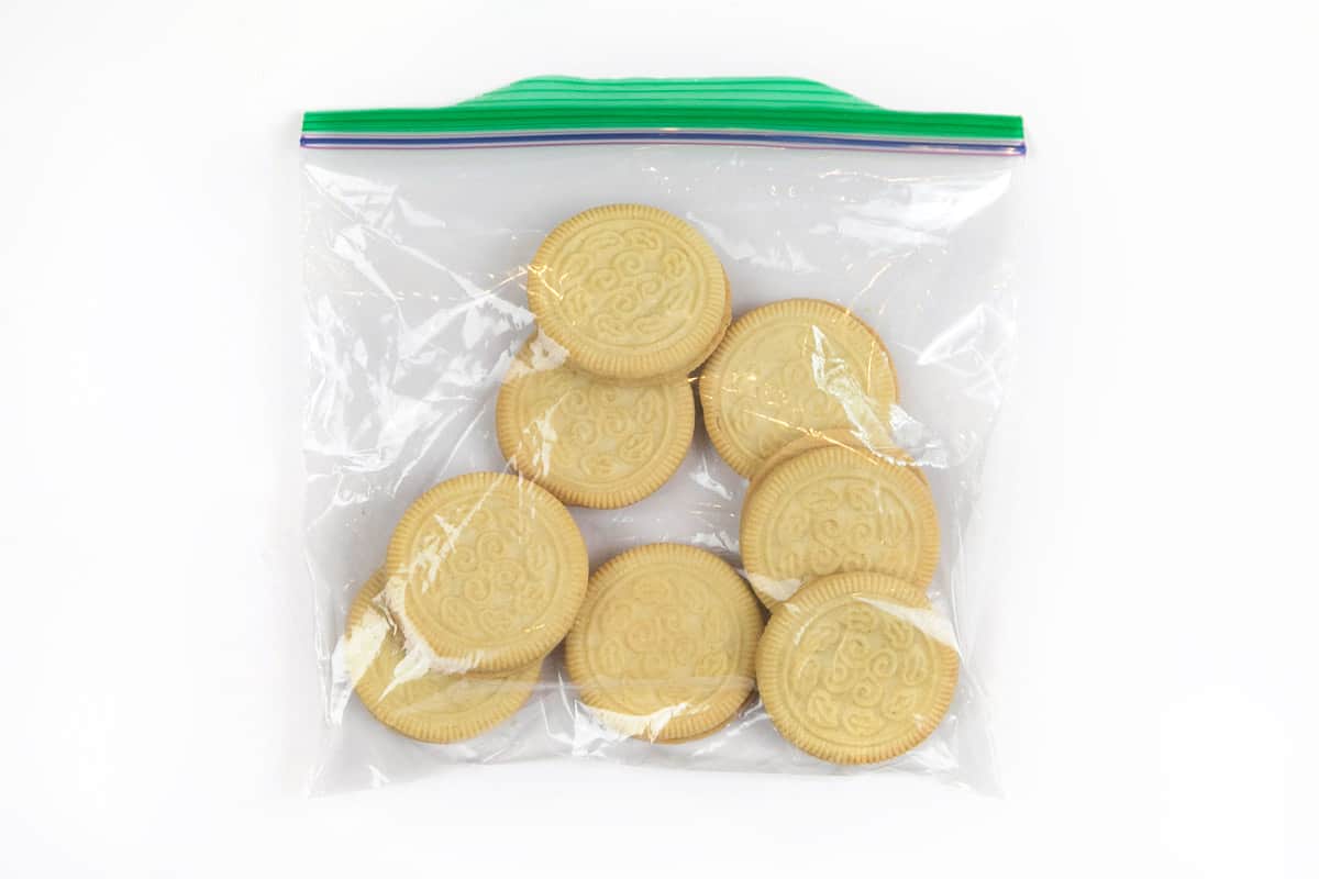 The lemon creme cookies are put in a ziplock bag.