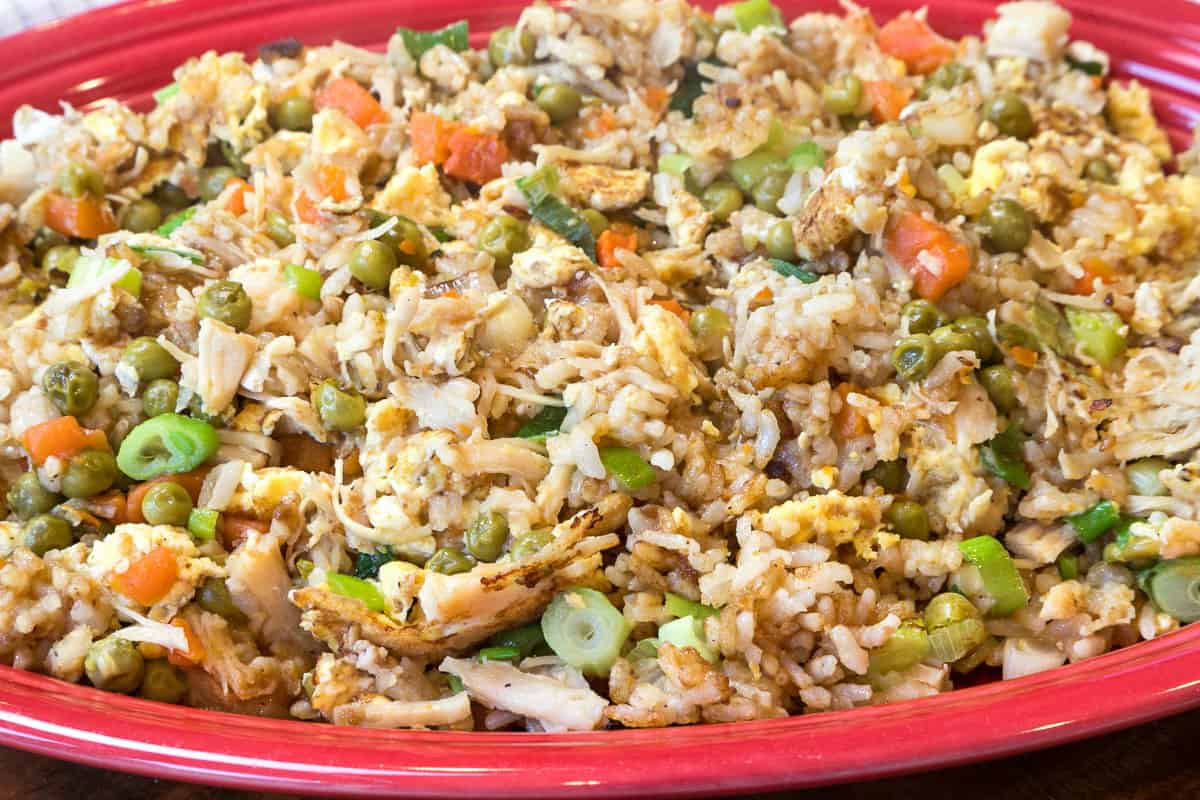 Teriyaki chicken fried rice with canned chicken on a plate.
