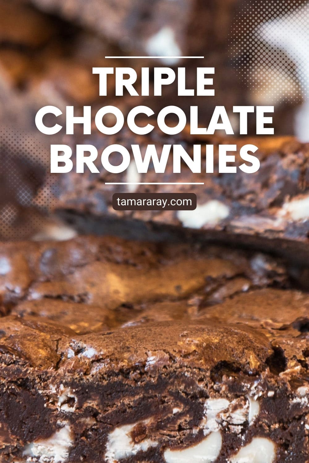 A close-up photo of fudgy triple chocolate brownies.