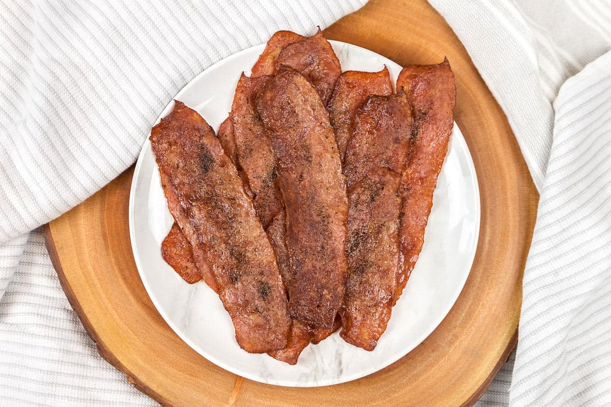 Turkey Bacon in the Air Fryer on a plate.
