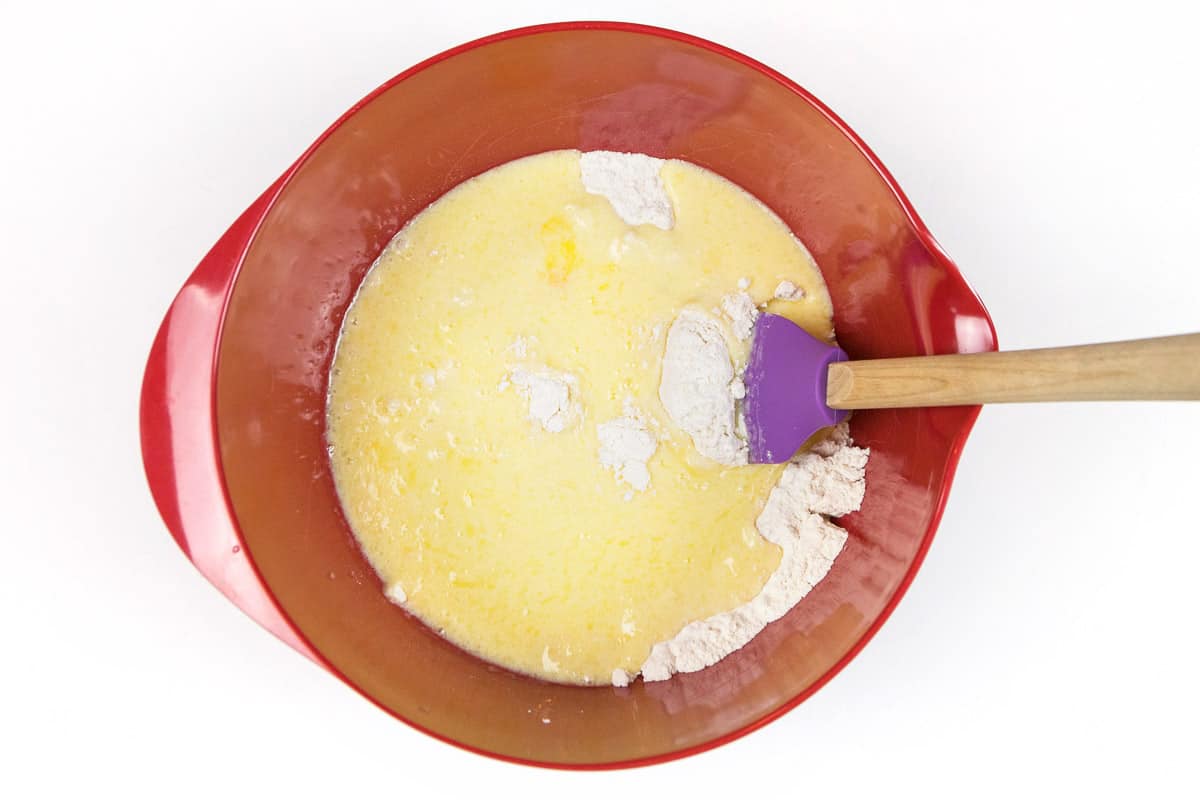 Pour the buttermilk mixture into the bowl with the flour mixture.